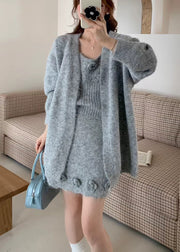 Classy Brown Floral Decorated Knit Three Piece Set Women Clothing Fall