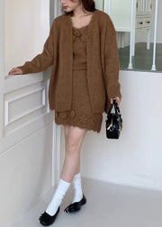 Classy Brown Floral Decorated Knit Three Piece Set Women Clothing Fall