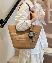 Classy Brown Hollow Out Bear Decorated Straw Woven Shoulder Bags