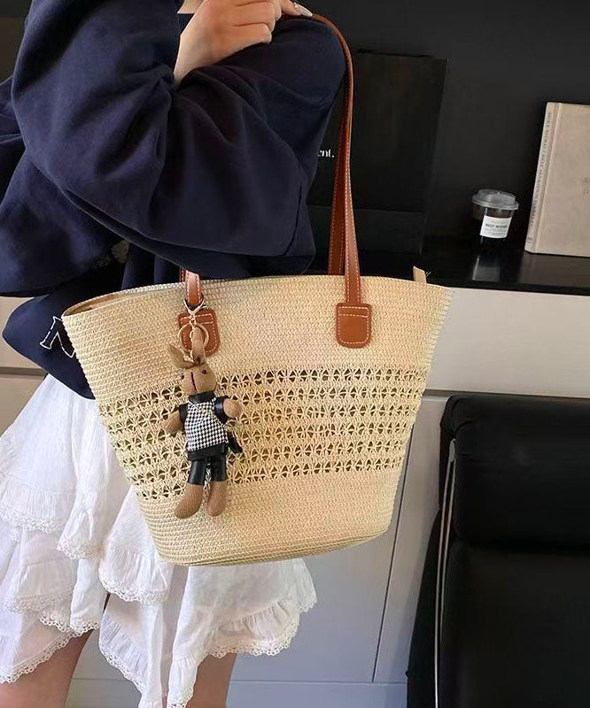 Classy Brown Hollow Out Bear Decorated Straw Woven Shoulder Bags