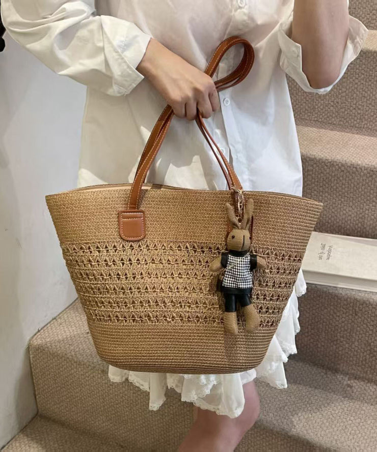 Classy Brown Hollow Out Bear Decorated Straw Woven Shoulder Bags