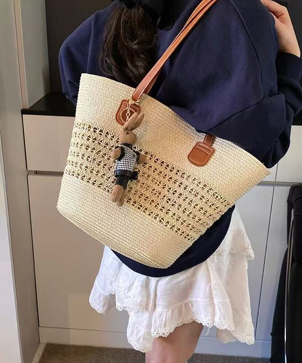 Classy Brown Hollow Out Bear Decorated Straw Woven Shoulder Bags