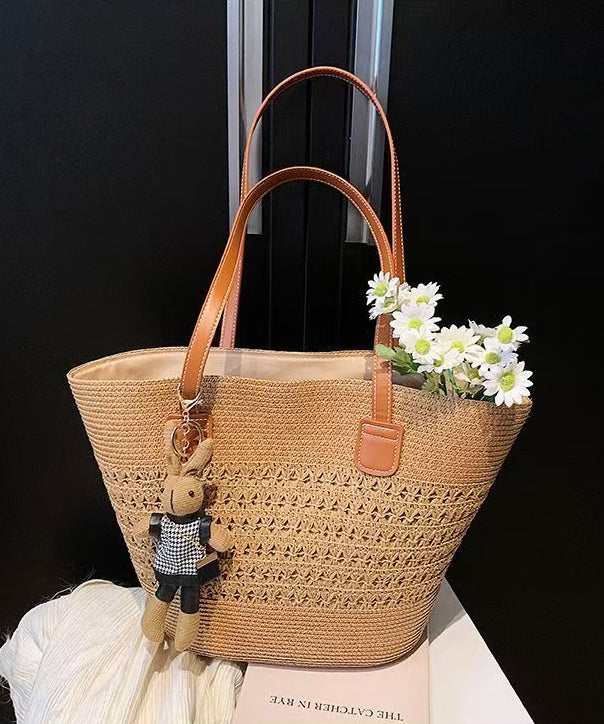 Classy Brown Hollow Out Bear Decorated Straw Woven Shoulder Bags