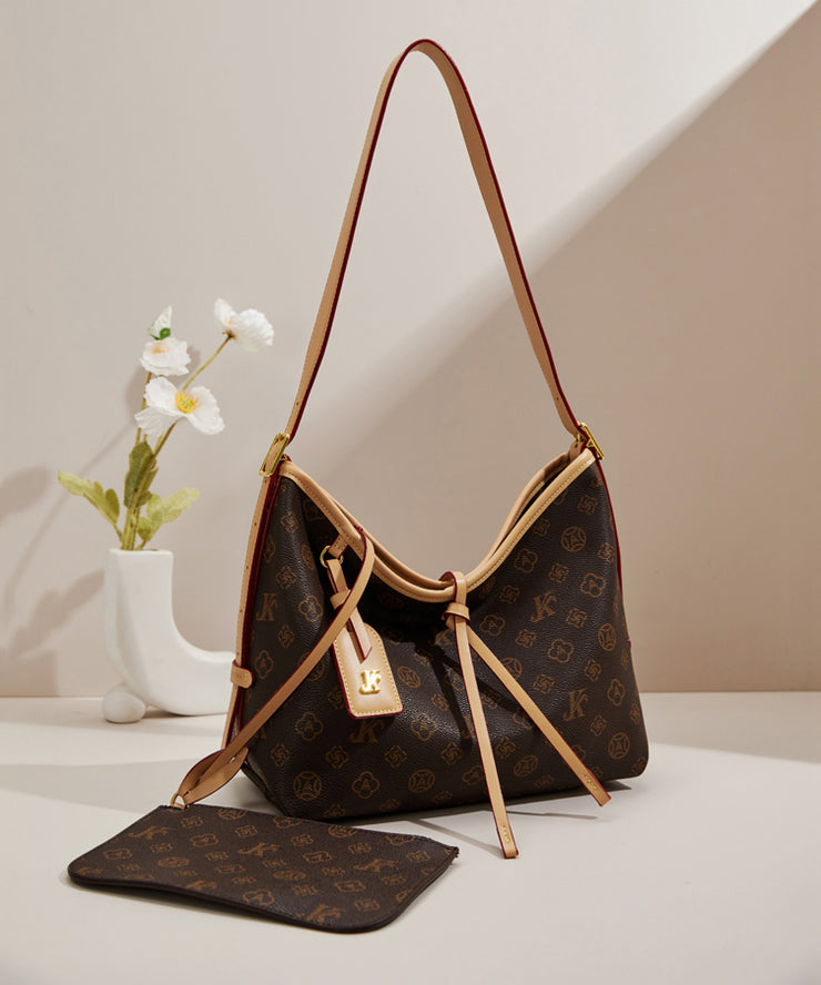 Classy Brown Jacquard Large Capacity Faux Leather Shoulder Bags
