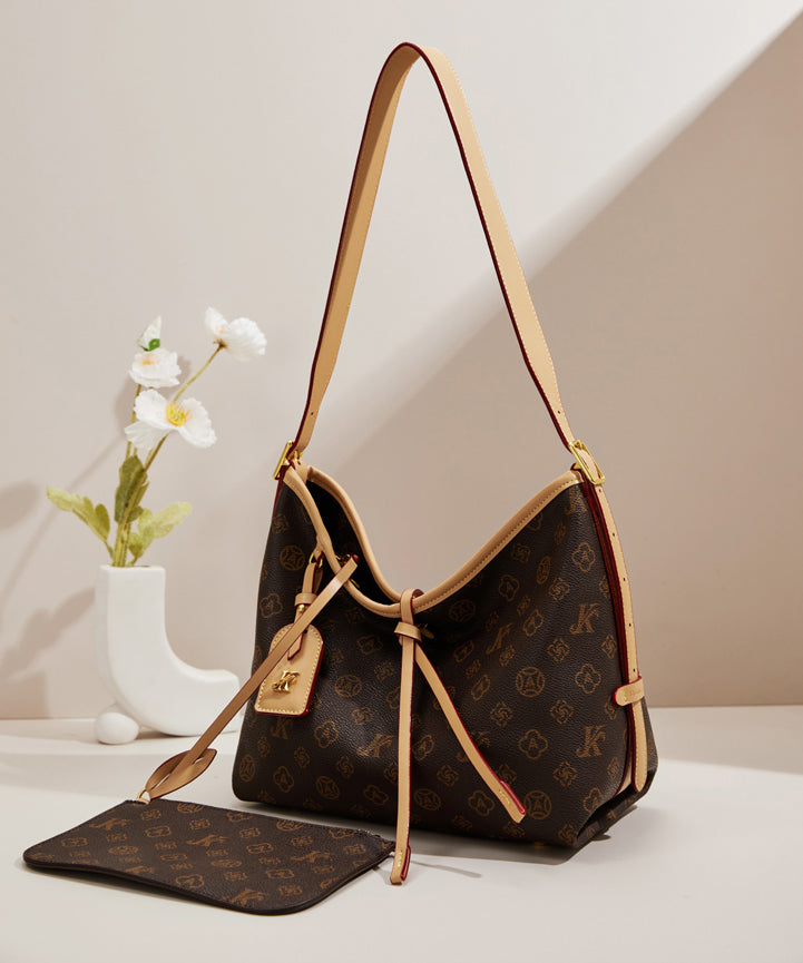 Classy Brown Jacquard Large Capacity Faux Leather Shoulder Bags