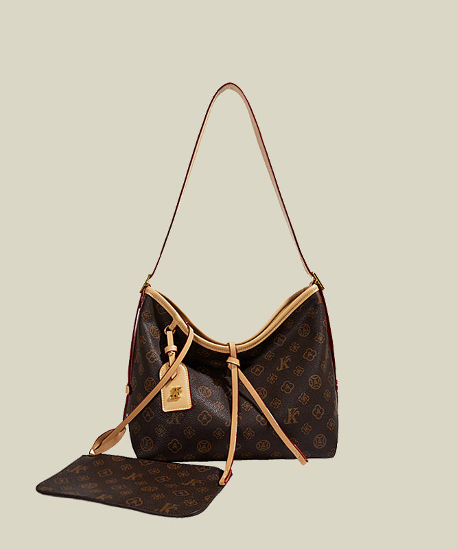 Classy Brown Jacquard Large Capacity Faux Leather Shoulder Bags
