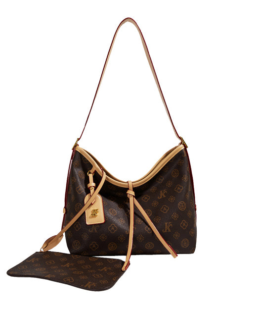 Classy Brown Jacquard Large Capacity Faux Leather Shoulder Bags