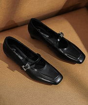 Classy Buckle Strap Splicing Chunky Black Cowhide Leather