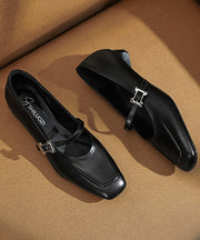 Classy Buckle Strap Splicing Chunky Black Cowhide Leather
