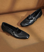 Classy Buckle Strap Splicing Chunky Black Cowhide Leather