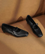 Classy Buckle Strap Splicing Chunky Black Cowhide Leather