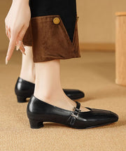 Classy Buckle Strap Splicing Chunky Black Cowhide Leather