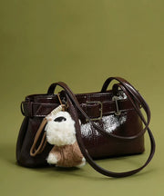 Classy Chocolate Solid Durable Dog Decorated Faux Leather Satchel Handbag