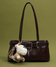 Classy Chocolate Solid Durable Dog Decorated Faux Leather Satchel Handbag