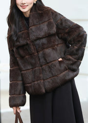 Classy Coffee Peter Pan Collar Plaid Leather And Fur Coat Winter