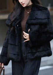 Classy Coffee Peter Pan Collar Plaid Leather And Fur Coat Winter