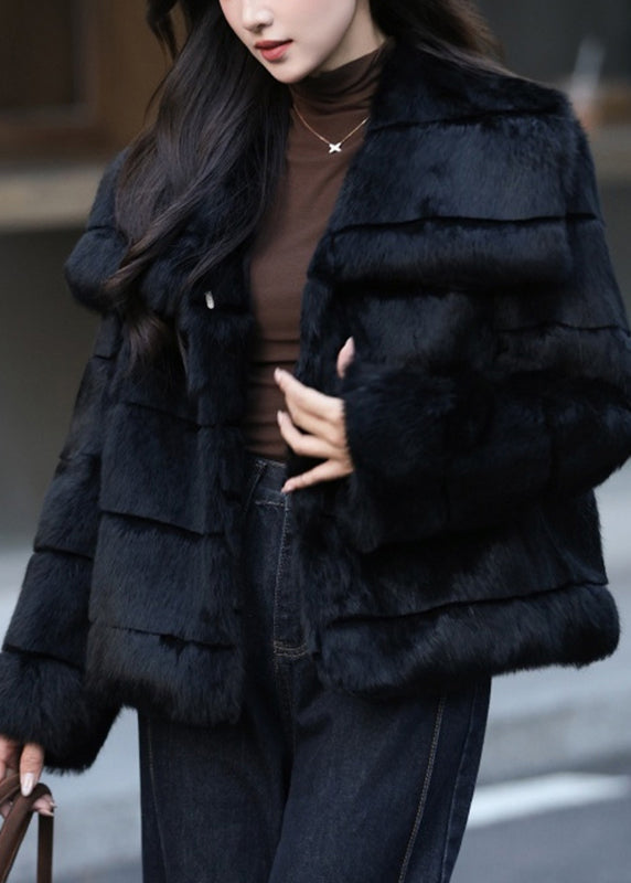 Classy Coffee Peter Pan Collar Plaid Leather And Fur Coat Winter