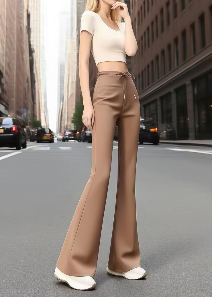 Classy Coffee Tie Waist Cotton Bell-bottom Trousers Fall