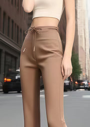 Classy Coffee Tie Waist Cotton Bell-bottom Trousers Fall