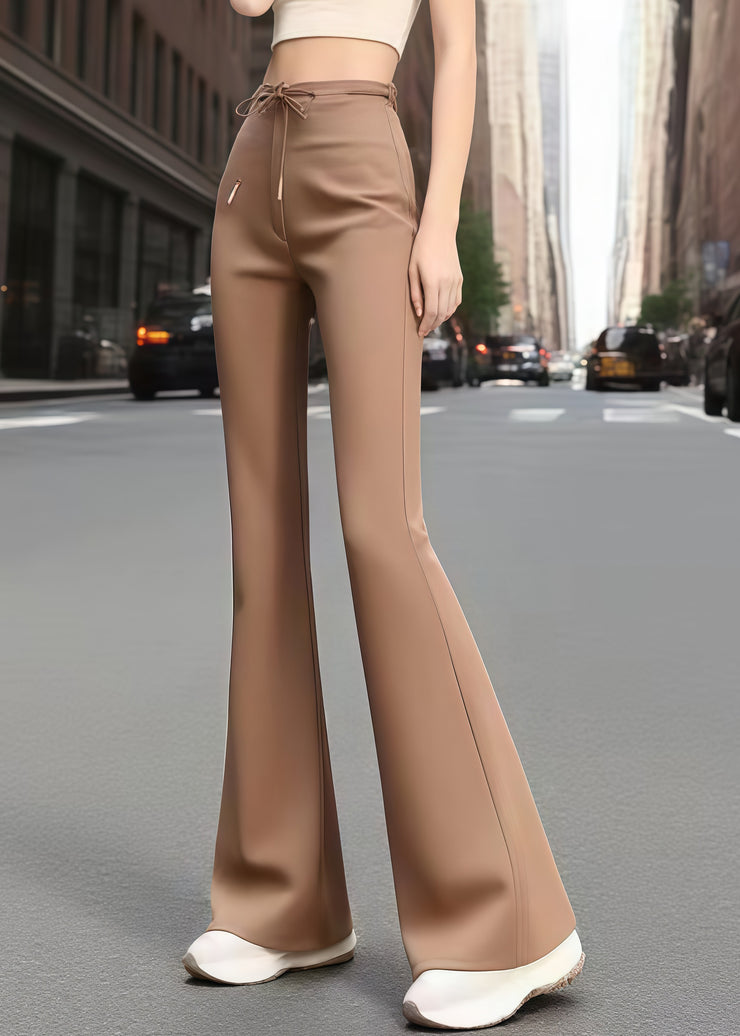 Classy Coffee Tie Waist Cotton Bell-bottom Trousers Fall