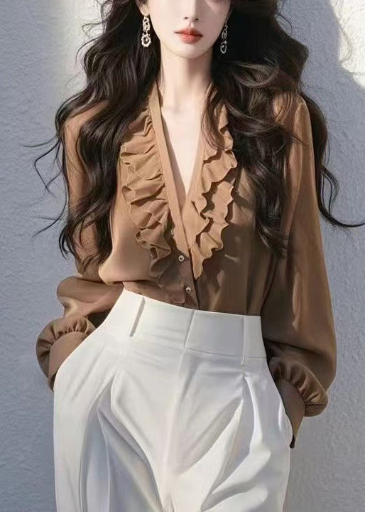 Classy Coffee V Neck Ruffled Button Cotton Shirt Fall