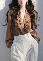 Classy Coffee V Neck Ruffled Button Cotton Shirt Fall