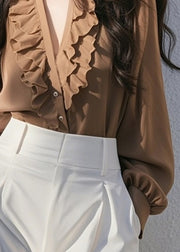 Classy Coffee V Neck Ruffled Button Cotton Shirt Fall