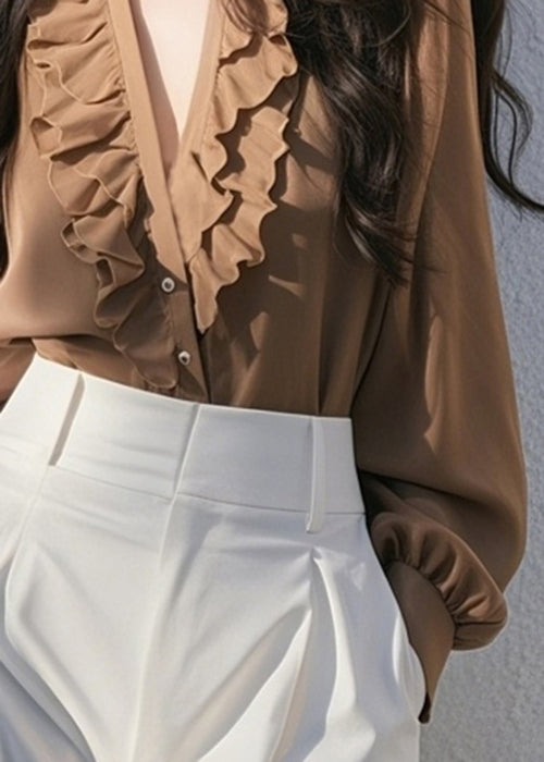Classy Coffee V Neck Ruffled Button Cotton Shirt Fall