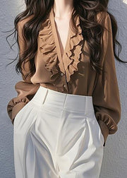 Classy Coffee V Neck Ruffled Button Cotton Shirt Fall