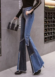 Classy Colorblock Asymmetrical Patchwork Denim Flared Trousers Spring