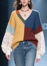 Classy Colorblock Asymmetrical Patchwork Lace Cozy Sweaters Fall