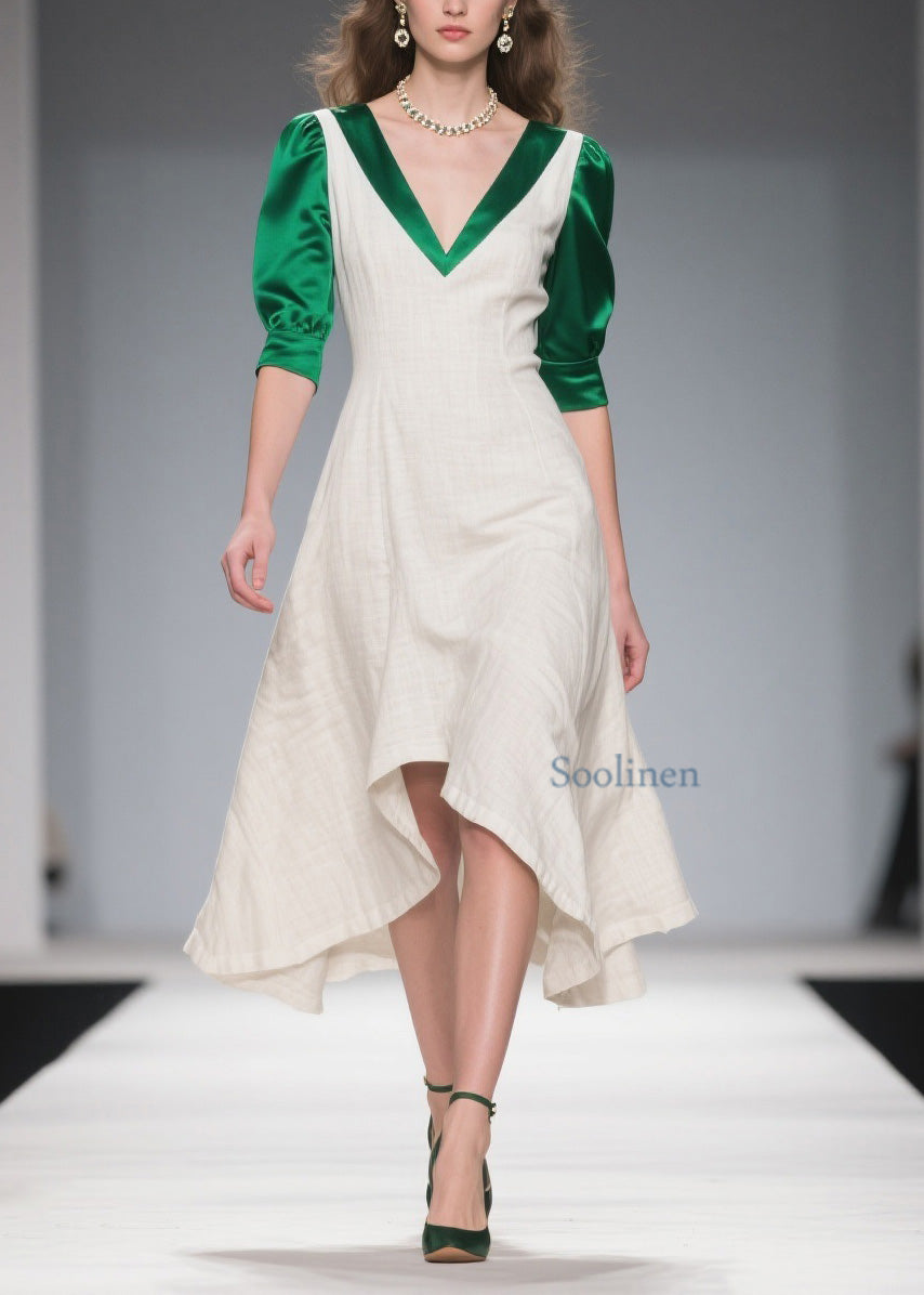 Classy Colorblock Asymmetrical Patchwork Linen Silk Dress Summer – SooLinen
