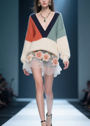 Classy Colorblock V Neck Knit Sweater Tops Winter