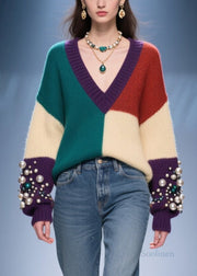 Classy Colorblock V Neck Nail Bead Patchwork Knit Sweaters Fall