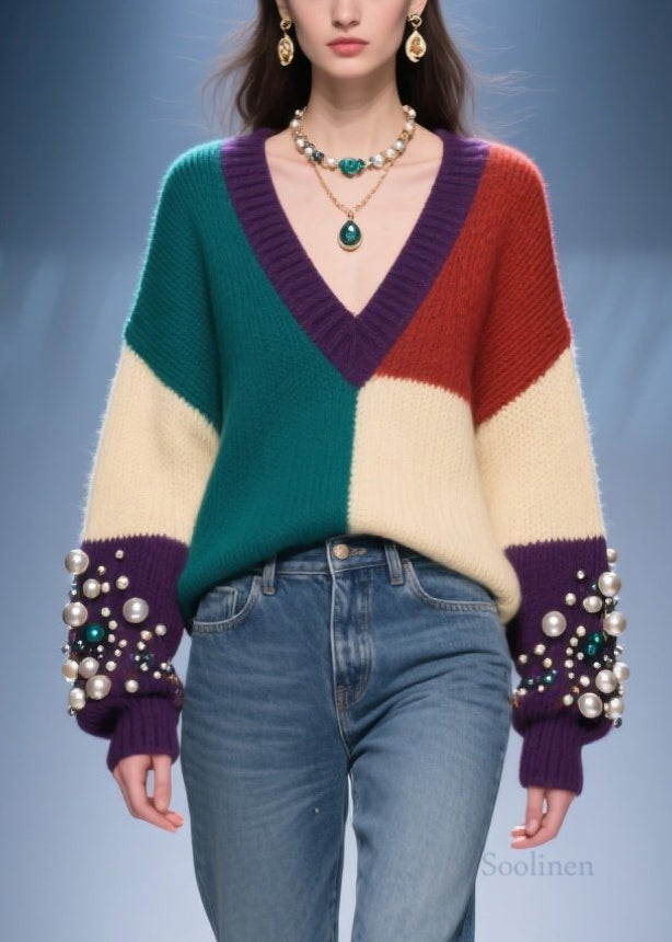 Classy Colorblock V Neck Nail Bead Patchwork Knit Sweaters Fall