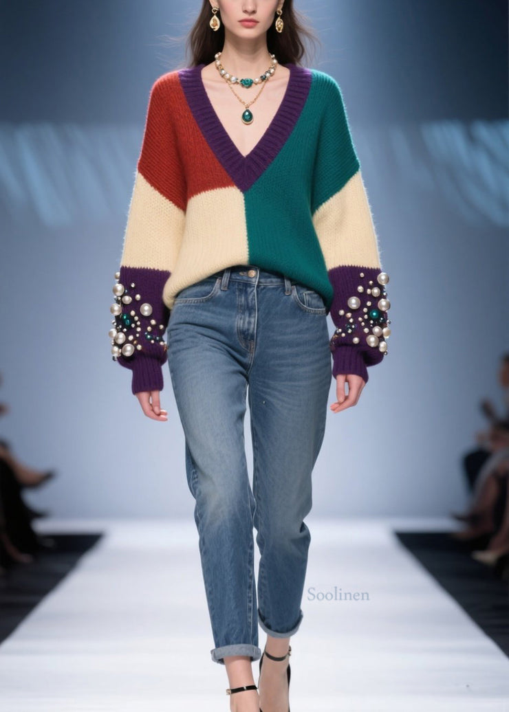 Classy Colorblock V Neck Nail Bead Patchwork Knit Sweaters Fall
