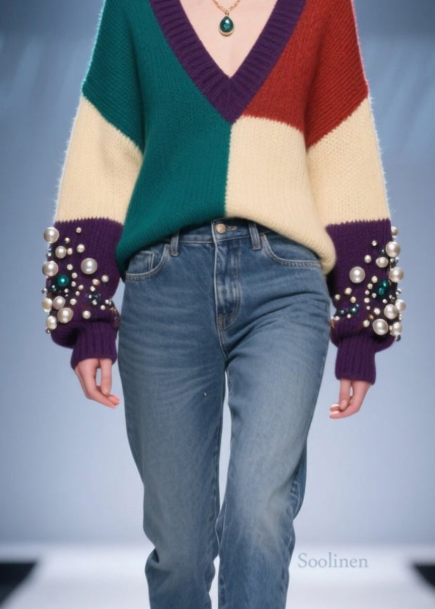 Classy Colorblock V Neck Nail Bead Patchwork Knit Sweaters Fall