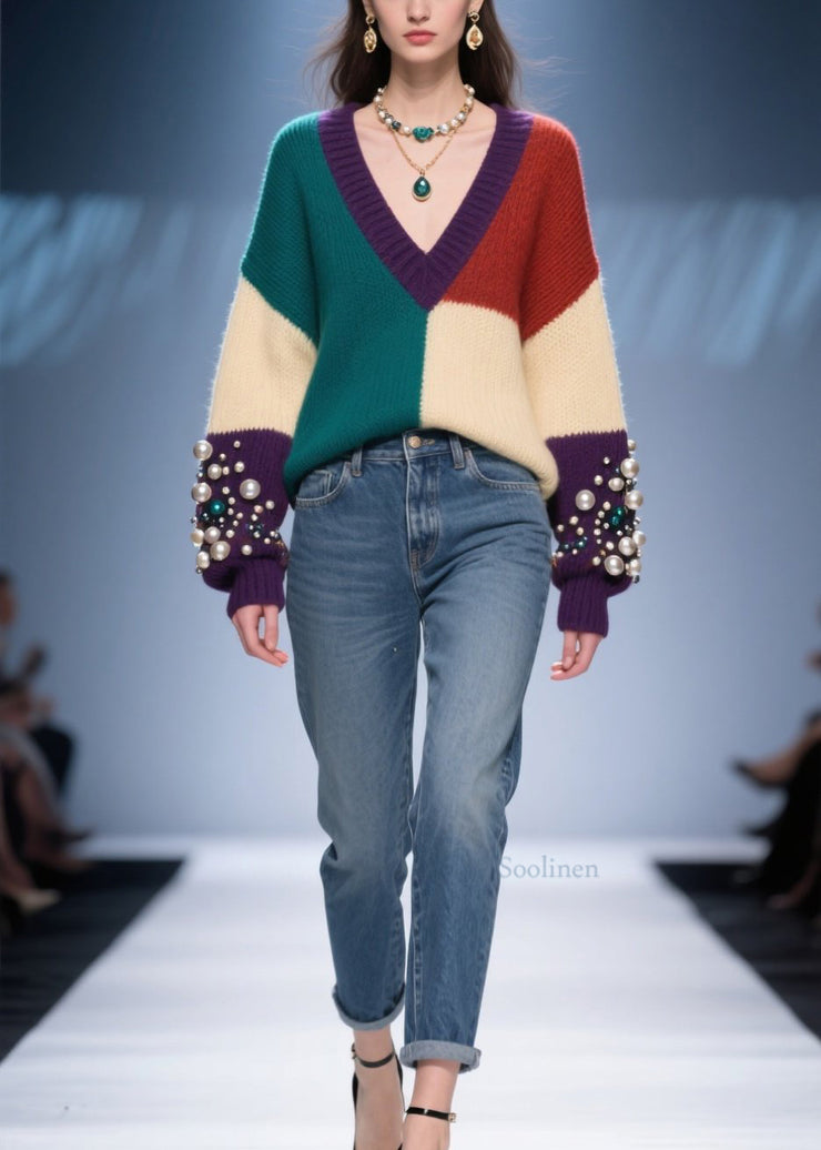 Classy Colorblock V Neck Nail Bead Patchwork Knit Sweaters Fall