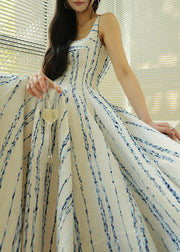 Classy Cyan Striped Patchwork Slim Long Spaghetti Strap Dress Sleeveless