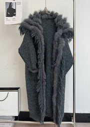 Classy Dark Gray Sequins Pockets Cozy Patchwork Woolen Coat