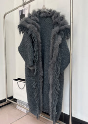 Classy Dark Gray Sequins Pockets Cozy Patchwork Woolen Coat