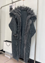 Classy Dark Gray Sequins Pockets Cozy Patchwork Woolen Coat