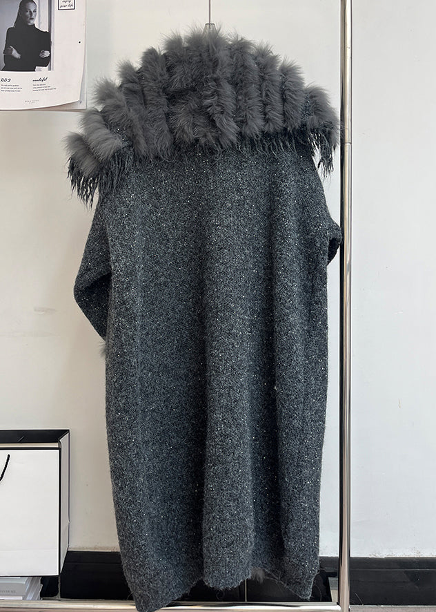 Classy Dark Gray Sequins Pockets Cozy Patchwork Woolen Coat