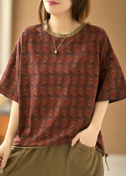 Classy Dark Red O-Neck Print Patchwork Cotton Tanks Short Sleeve