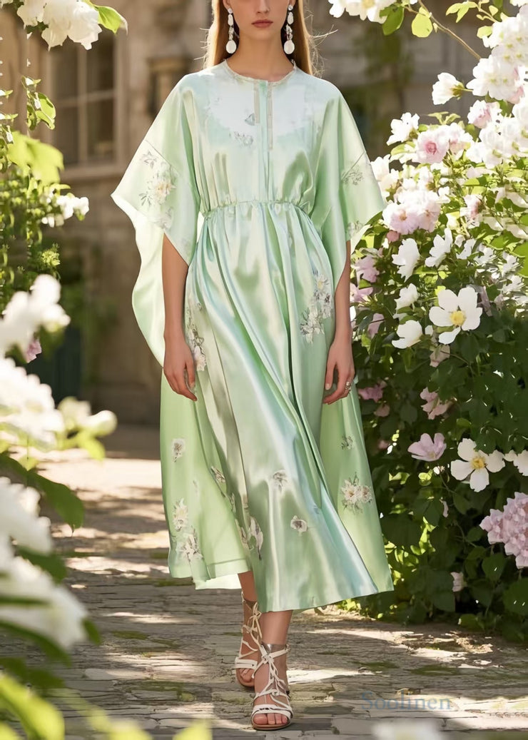 Classy Fruit Green Print Silk Holiday Dress Batwing Sleeve