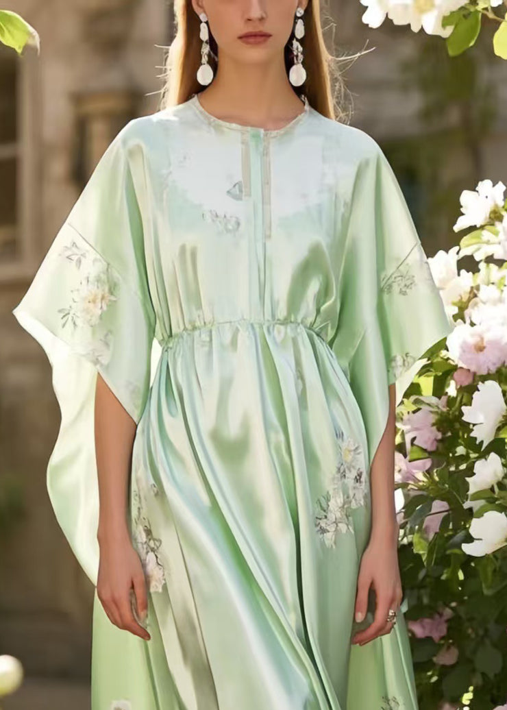 Classy Fruit Green Print Silk Holiday Dress Batwing Sleeve