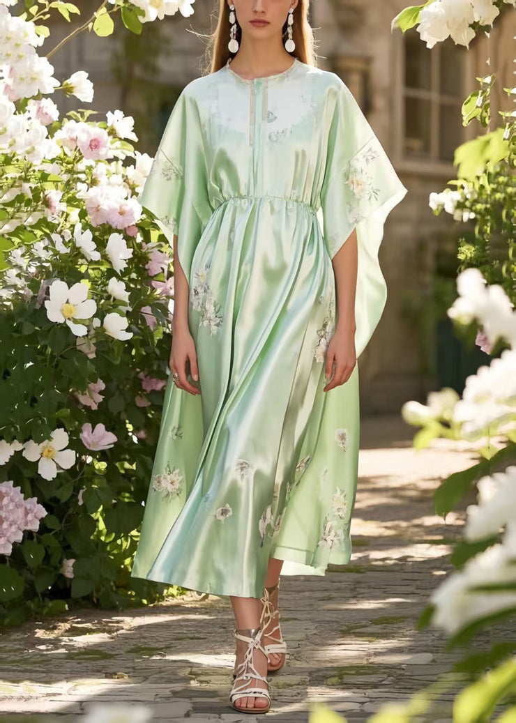 Classy Fruit Green Print Silk Holiday Dress Batwing Sleeve