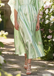 Classy Fruit Green Print Silk Holiday Dress Batwing Sleeve