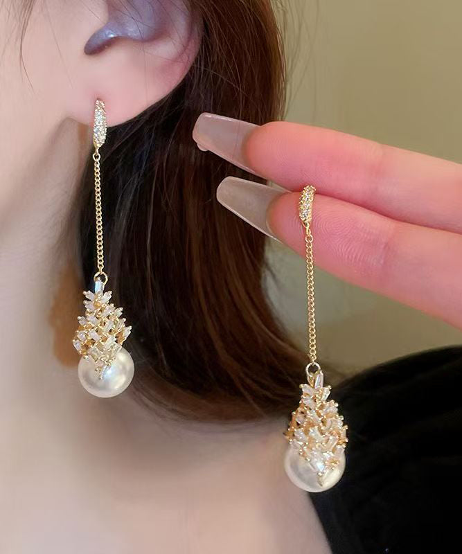 Classy Gold Copper Alloy Zircon Pearl Tassel Drop Earrings