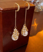 Classy Gold Copper Alloy Zircon Pearl Tassel Drop Earrings